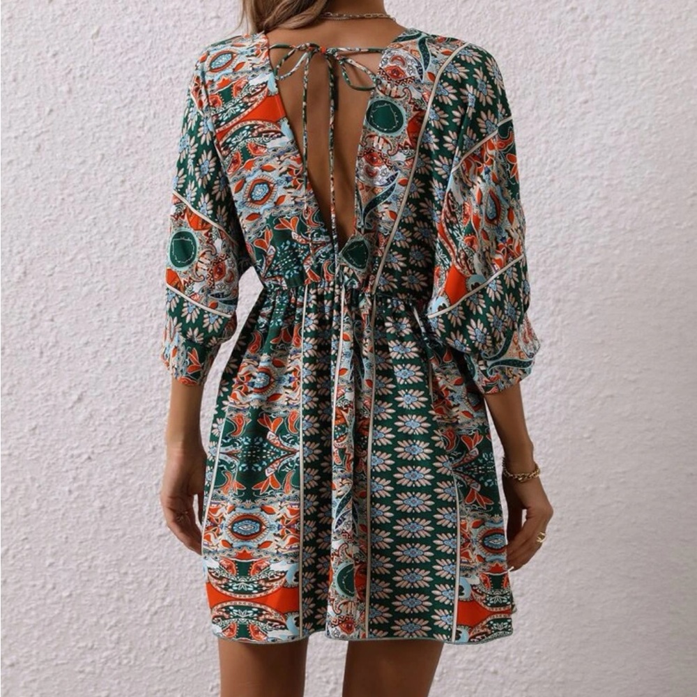 Boho Floral Print Batwing Sleeve Dress Green - Picture 4 of 5